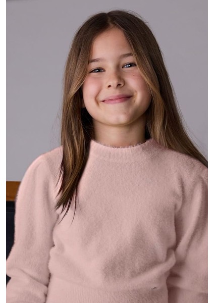 Kız Çocuk Balon Kol Yumuşak Dokulu Triko Kazak - Pudra Pembe fırsatları