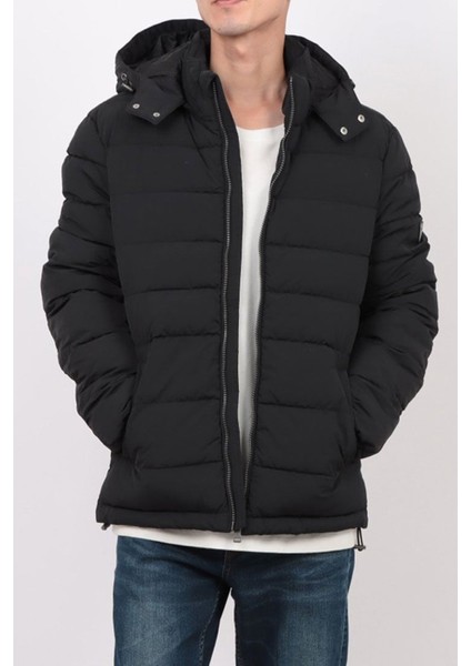 Erkek Kapüşonlu Fermuarlı Şişme Mont - Siyah