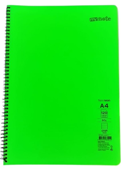 Flex A4 120 Yaprak Çizgili Spiralli Plastik Neon Kapak Defte