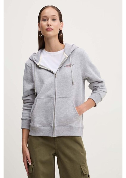 Kadın Gj Fermuarlı Kapüşonlu Sweatshirt - Gri Melanj