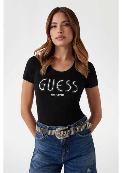 Kadın Slim Fit Grafik Logolu T-Shirt - Siyah