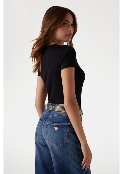 Kadın Slim Fit Grafik Logolu T-Shirt - Siyah fiyatları