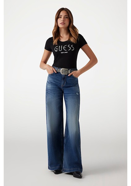 Kadın Slim Fit Grafik Logolu T-Shirt - Siyah modelleri