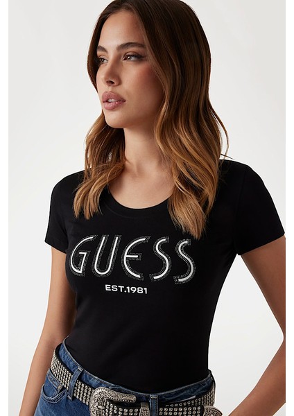 Kadın Slim Fit Grafik Logolu T-Shirt - Siyah fırsatları