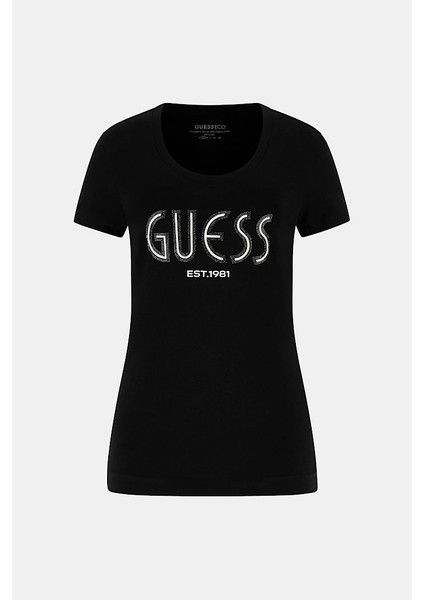 Kadın Slim Fit Grafik Logolu T-Shirt - Siyah indirimleri