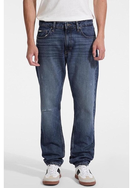 Erkek Gj Düz Kesim Eskitme Görünümlü Jean Pantolon - Mavi