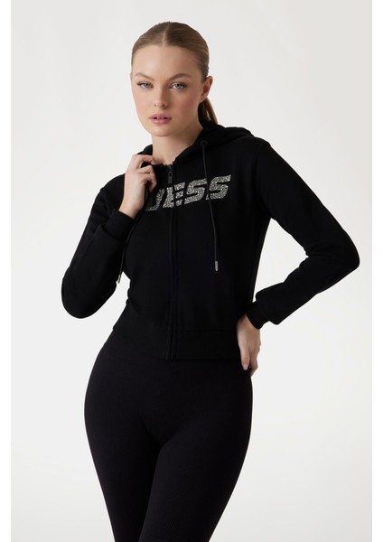 Kadın Logolu Kapüşonlu Fermuarlı Sweatshirt - Siyah