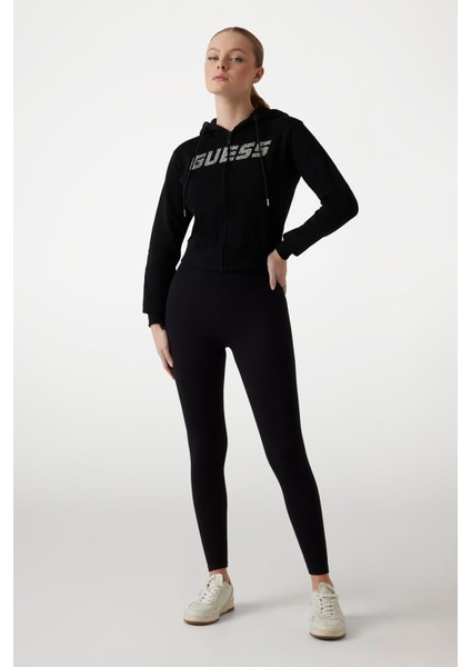 Kadın Logolu Kapüşonlu Fermuarlı Sweatshirt - Siyah fiyatları