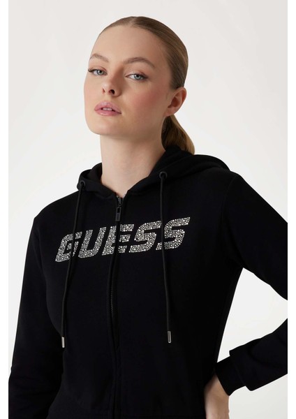 Kadın Logolu Kapüşonlu Fermuarlı Sweatshirt - Siyah fırsatları