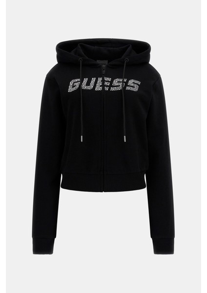 Kadın Logolu Kapüşonlu Fermuarlı Sweatshirt - Siyah indirimleri