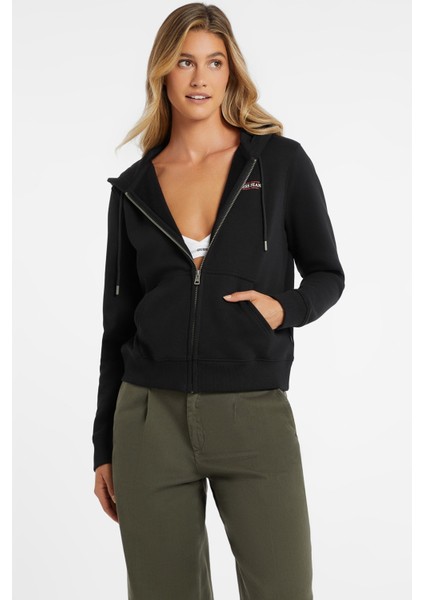Kadın Fermuarlı Kapüşonlu Logolu Pamuklu Sweatshirt - Siyah