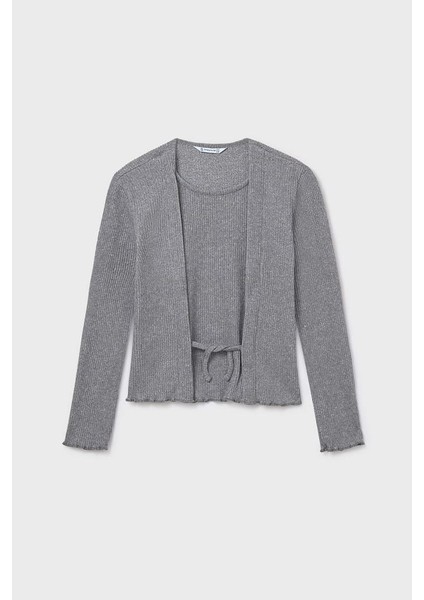 Kız Çocuk Önü Bağlamalı Örme Triko - Gri