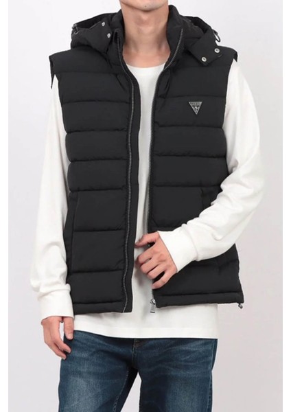 Erkek Kapüşonlu Fermuarlı Şişme Yelek - Siyah