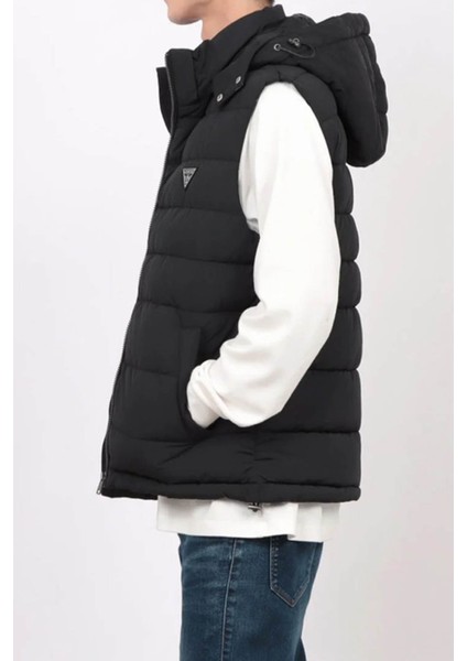 Erkek Kapüşonlu Fermuarlı Şişme Yelek - Siyah fırsatları