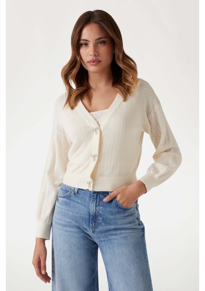 Kadın V Yaka Ince Triko Hırka - Ekru