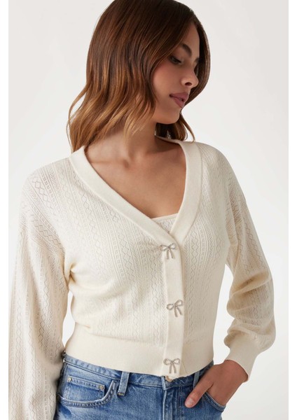 Kadın V Yaka Ince Triko Hırka - Ekru modelleri