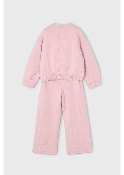 Kız Çocuk Baklava Desenli Geniş Paça Takım - Pembe