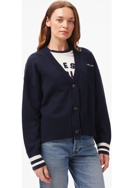 Kadın V Yaka Düğmeli Pamuklu Triko Hırka - Lacivert