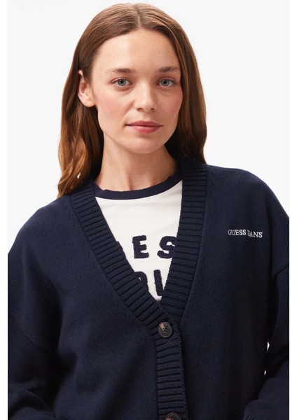 Kadın V Yaka Düğmeli Pamuklu Triko Hırka - Lacivert modelleri