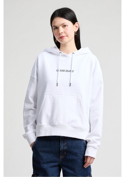 Kadın Oversize Kapüşonlu Nakış Logolu Sweatshirt - Beyaz
