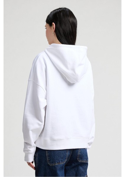 Kadın Oversize Kapüşonlu Nakış Logolu Sweatshirt - Beyaz fiyatları