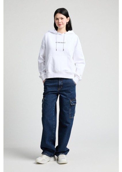 Kadın Oversize Kapüşonlu Nakış Logolu Sweatshirt - Beyaz modelleri