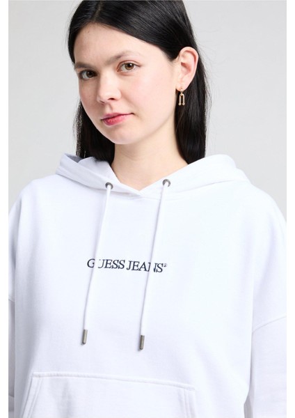 Kadın Oversize Kapüşonlu Nakış Logolu Sweatshirt - Beyaz fırsatları