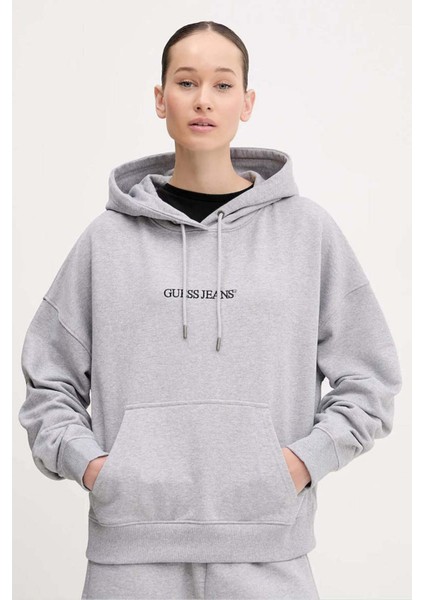 Kadın Kapüşonlu Nakış Logolu Oversize Sweatshirt - Gri