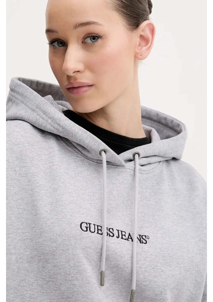 Kadın Kapüşonlu Nakış Logolu Oversize Sweatshirt - Gri fiyatları