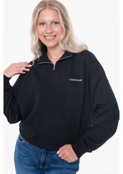 Kadın Fermuarlı Yarım Balıkçı Sweatshirt - Siyah