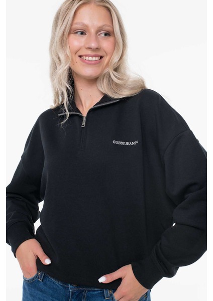 Kadın Fermuarlı Yarım Balıkçı Sweatshirt - Siyah indirimleri