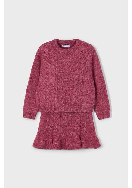 Kız Çocuk Saç Örgüsü Desenli Etekli Triko Takım - Vişne