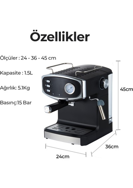 Süt Köpürtücülü Espresso Latte Cappuccino Americano Kahve Makinesi 1.5 Litre