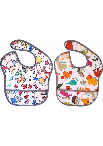 , 2 Adet, Ekonomik Set, 6-24AY, Zoo ve Family Desen, Sıvı Geçirmeyen, Cepli, Cırtlı Mama Önlüğü, Önlük modelleri