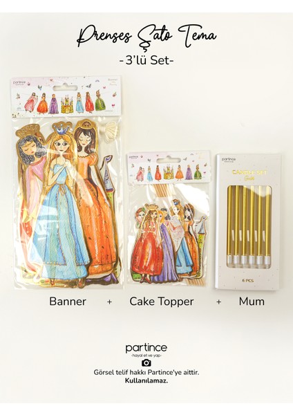 3 Parça Pastel Prenses Şato Tema Pasta Süsü Banner ve Metalik Uzun Gold Mum Doğum Günü Parti Süsleme Seti