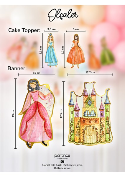 3 Parça Pastel Prenses Şato Tema Pasta Süsü Banner ve Metalik Uzun Gold Mum Doğum Günü Parti Süsleme Seti modelleri