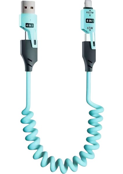 Eıma Iphone iPad MacBook Android Uyumlu 4in1 Spiral Şarj Kablosu 65W Hızlı Şarj - Usb-A Type-C Lightning Çoklu Kablo - Esnek Yay Tasarım - Premium Kalite Çok Fonksiyonlu Data Kablosu 1.5m