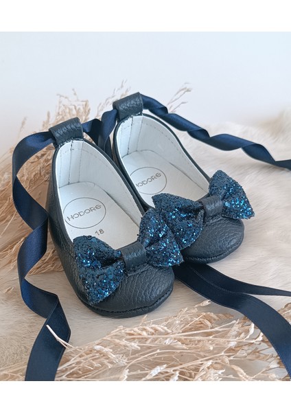 Perla Taşlı Lacivert Hakiki Deri Bebek Babet Ayakkabı