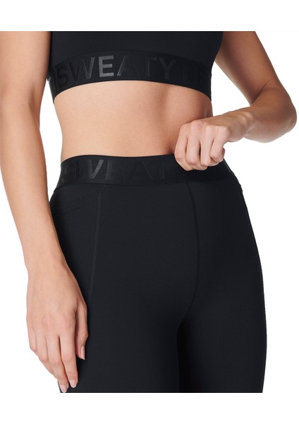Kadın Koşu Tayt Power 7/8 Elastic Waist Gym Leggings Siyah