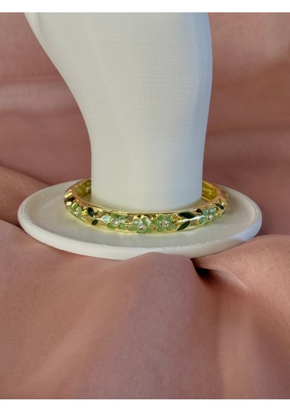 Çiçek Desenli Altın/Gold Mineli Kelepçe Bilezik Su Yeşili