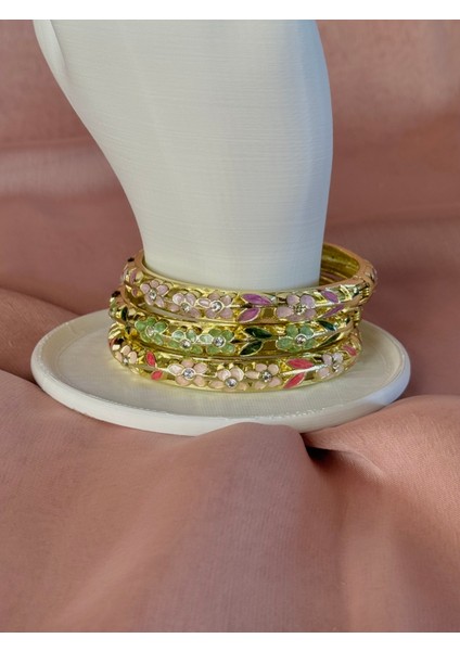 Çiçek Desenli Altın/Gold Mineli Kelepçe Bilezik Su Yeşili fiyatları