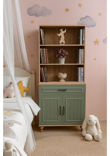 Gülsün Kapaklı Şifonyer ve Kitaplık Set | MDF Kalite | Ağaç Ayaklar | Estetik Renkler