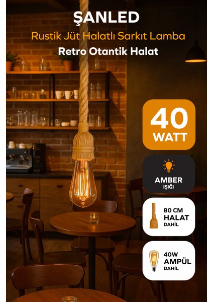 Rustik Jüt Halatlı Sarkıt Lamba Avize Retro Otantik Halat-80 cm +Ampül
