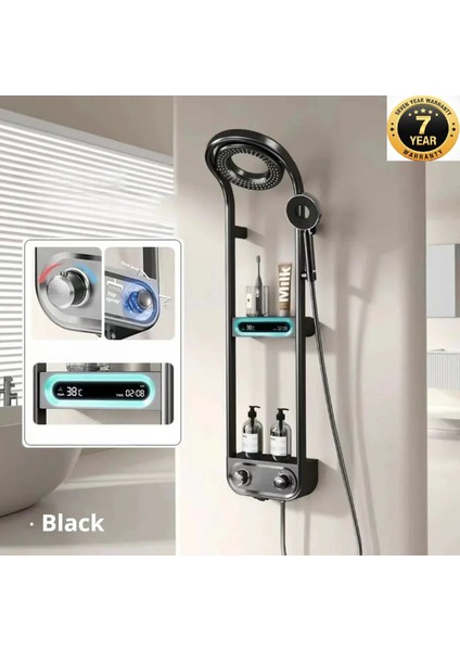 Dijital LED Ekran ve Termostatlı Robot Duş Seti Siyah Lüx Şelale Yağmur Duş Sistemi 7 Yıl Garantili Ithal
