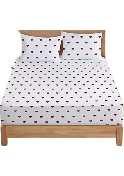 Tek Kişilik Pamuklu Lastikli Çarşaf + Yastık Kılıfı Kalpli Beyaz Kırmızı