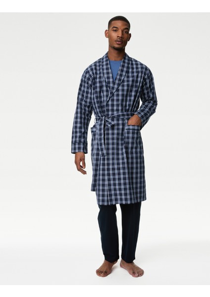 Saf Pamuklu Ekose Desenli Sabahlık