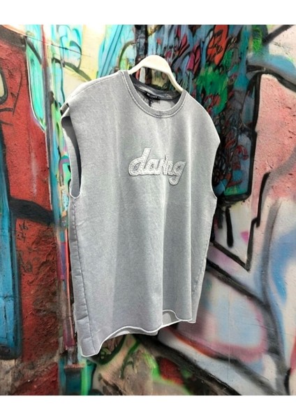 Erkek Asit Yıkamalı Nakış Detaylı Oversize Atlet