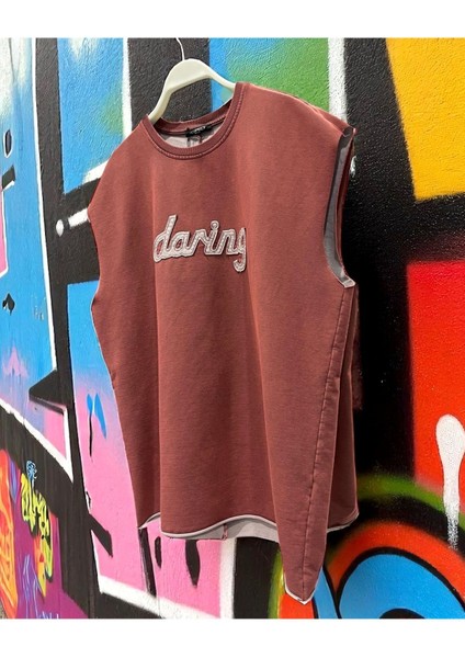 Erkek Asit Yıkamalı Nakış Detaylı Oversize Atlet