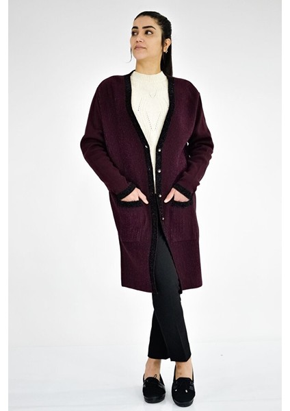 Sim Detaylı Triko Uzun Ceket