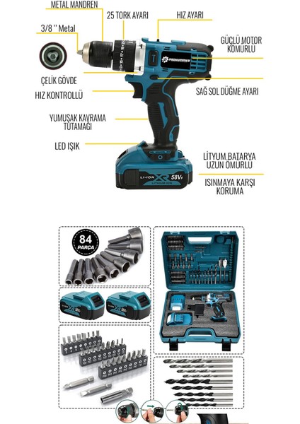PH229 Yeni Seri 58vf Şarjlı Matkap Mavi Çift Akülü Darbesiz 84 Parça Set Hediyeli modelleri
